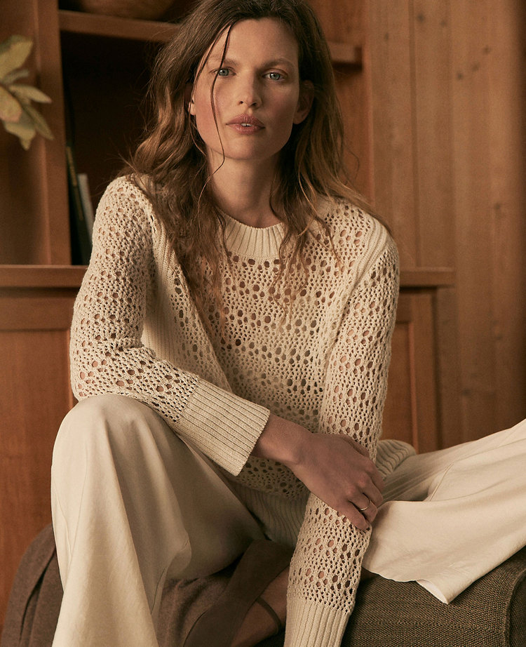 Ann Taylor Haven Well Within Organic Cotton Linen Open Stitch Crewneck Sweater Women's