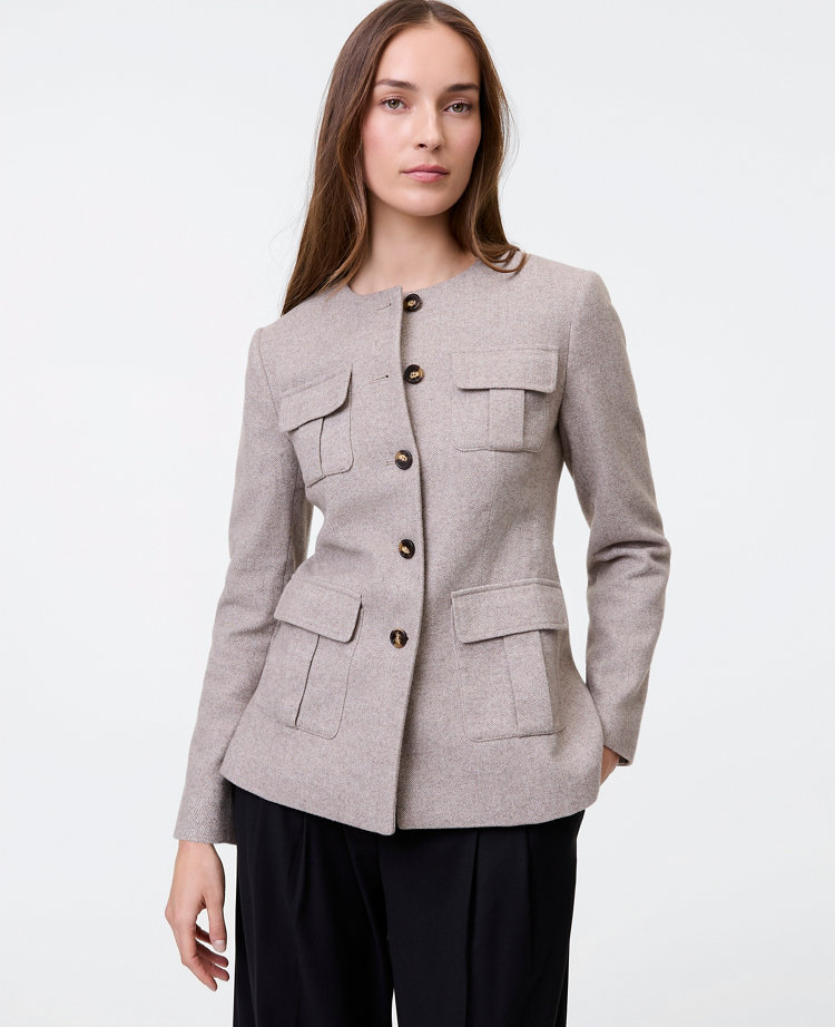 The Petite Fitted Crew Neck Jacket in Herringbone