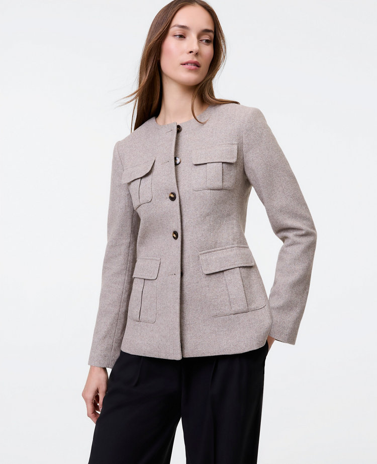 Ann Taylor The Petite Fitted Crew Neck Jacket Herringbone Mixed Tan Women's