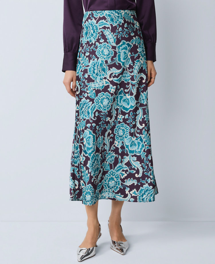 Ann Taylor Petite Floral Satin Midi Slip Skirt Aubergine Dream Women's