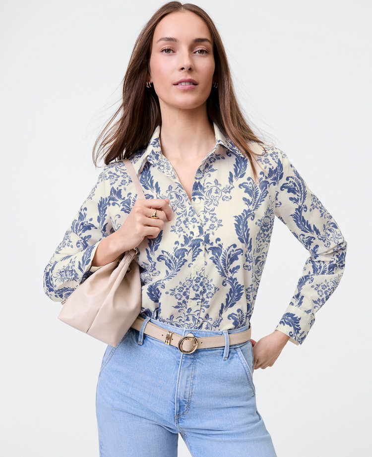 Ann Taylor Weekend Collection Toile Relaxed Perfect Shirt Feather - Light Blue Women's