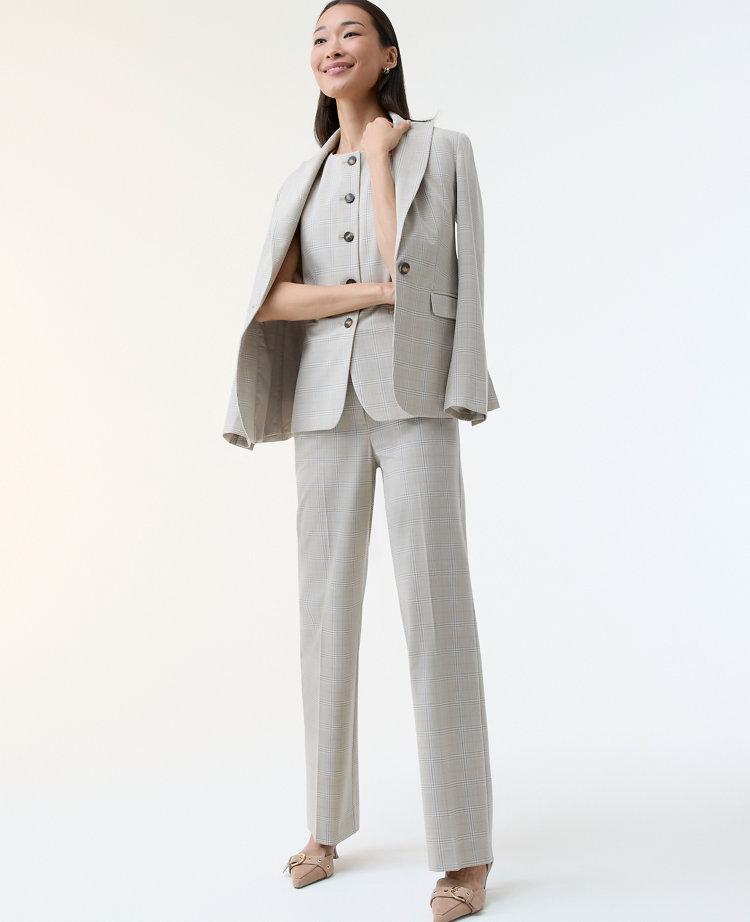 Ann Taylor The Straight Trouser Plaid Tan/Blue Combo Women's