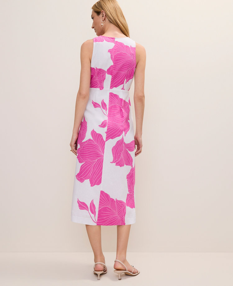 Floral Linen Blend Midi Wrap Dress