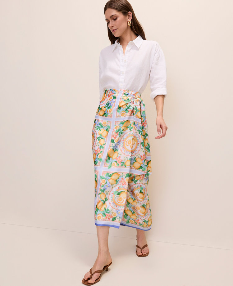 Lemon Print Wrap Effect Midi Skirt in Satin
