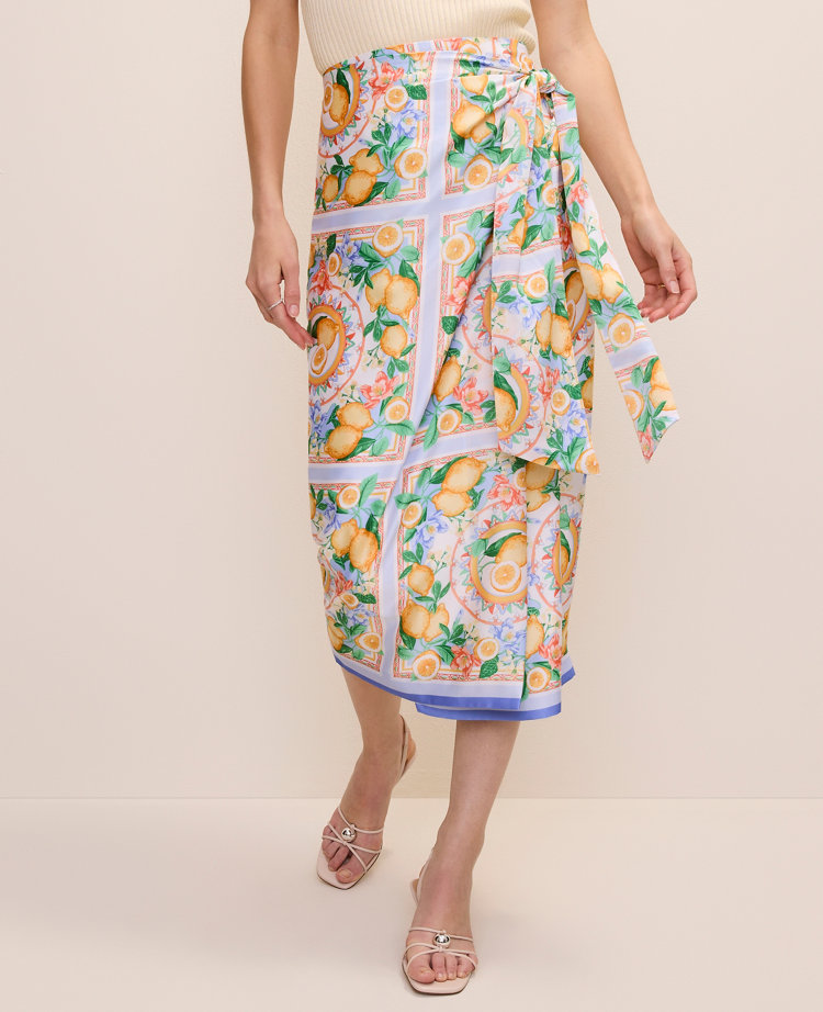 Lemon Print Wrap Effect Midi Skirt in Satin