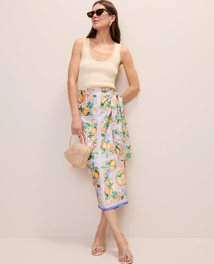 Lemon Print Wrap Effect Midi Skirt in Satin