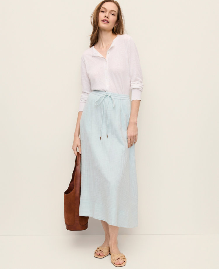 Cotton Gauze Drawstring Midi Skirt