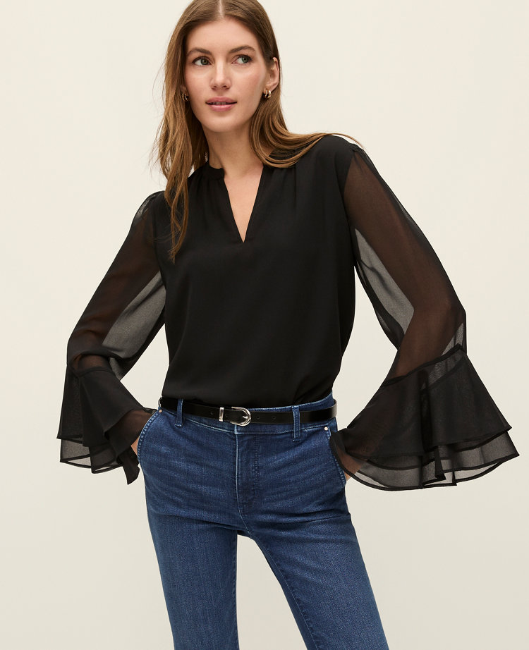 Ann Taylor Petite Weekend Collection Ruffle Sleeve Blouse Women's