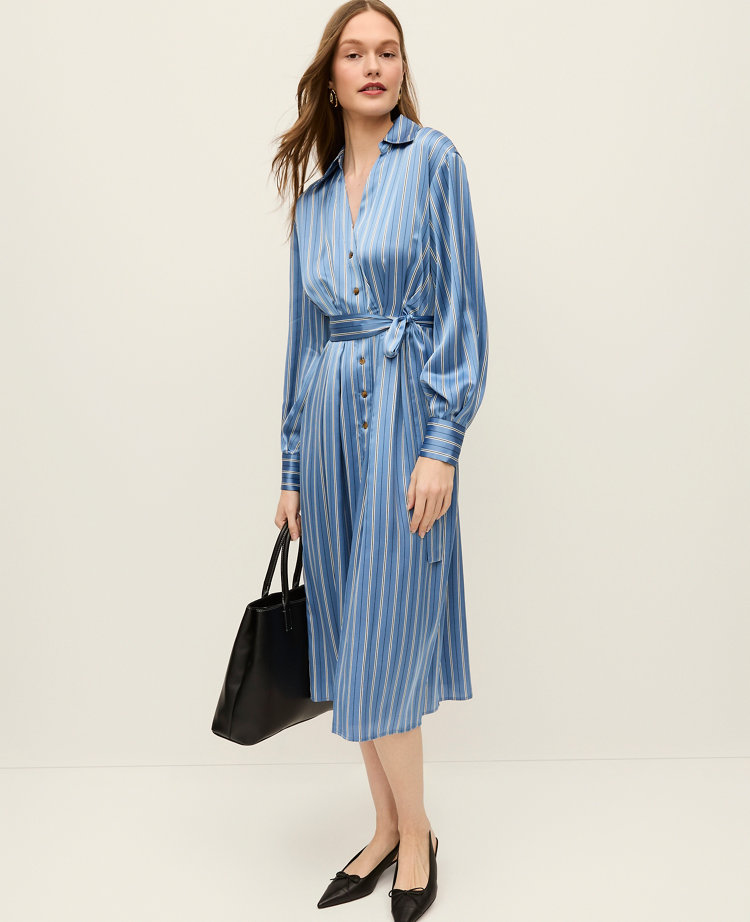 Striped Satin Midi Shirtdress