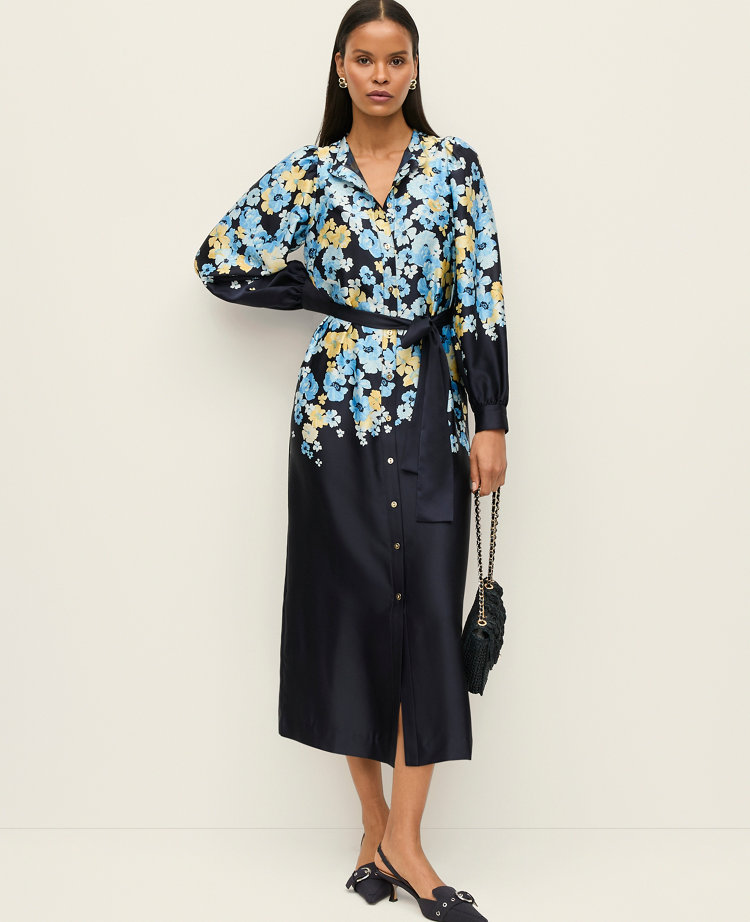 Floral Satin Midi Shirtdress
