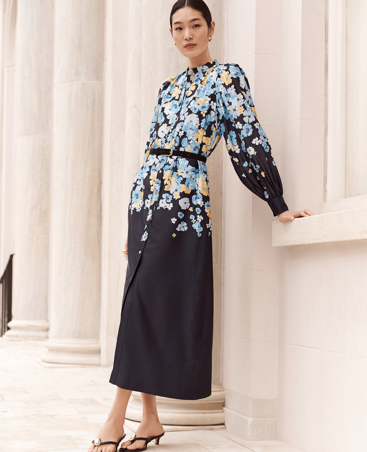 Floral Satin Midi Shirtdress