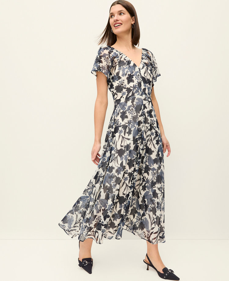 Petite Floral Flutter Sleeve Midi Dress