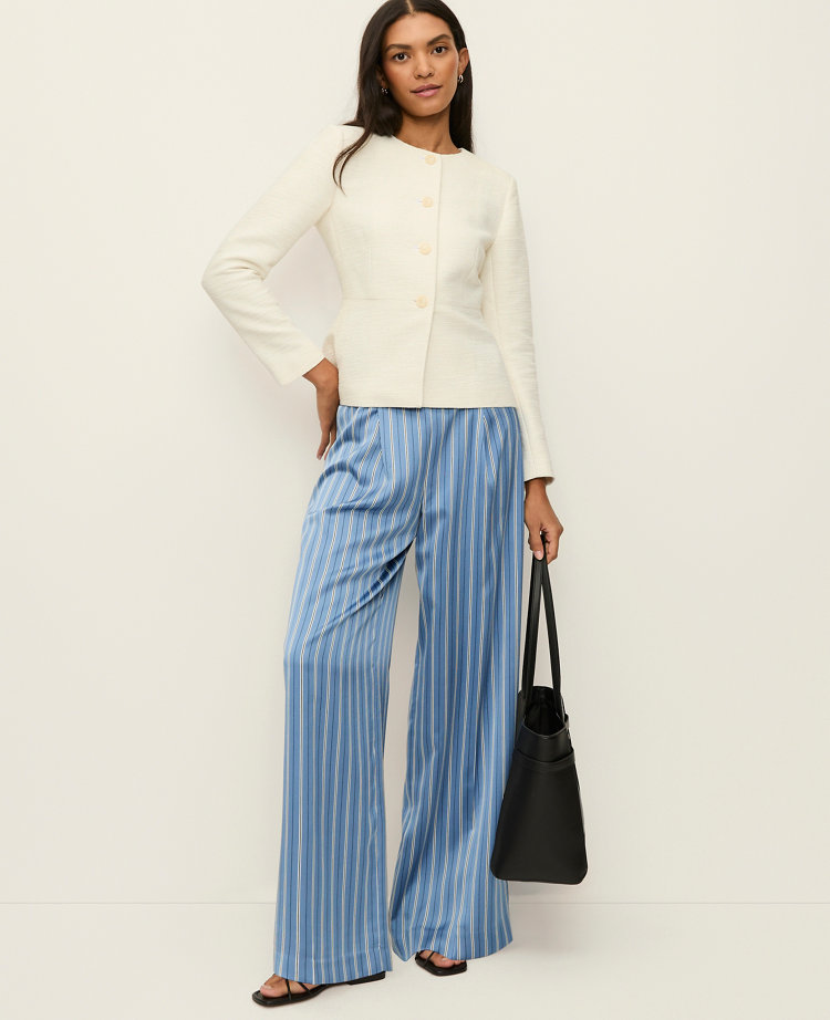 Ann Taylor The Petite Pleated Satin Wide-Leg Pant Muted Sky Women's