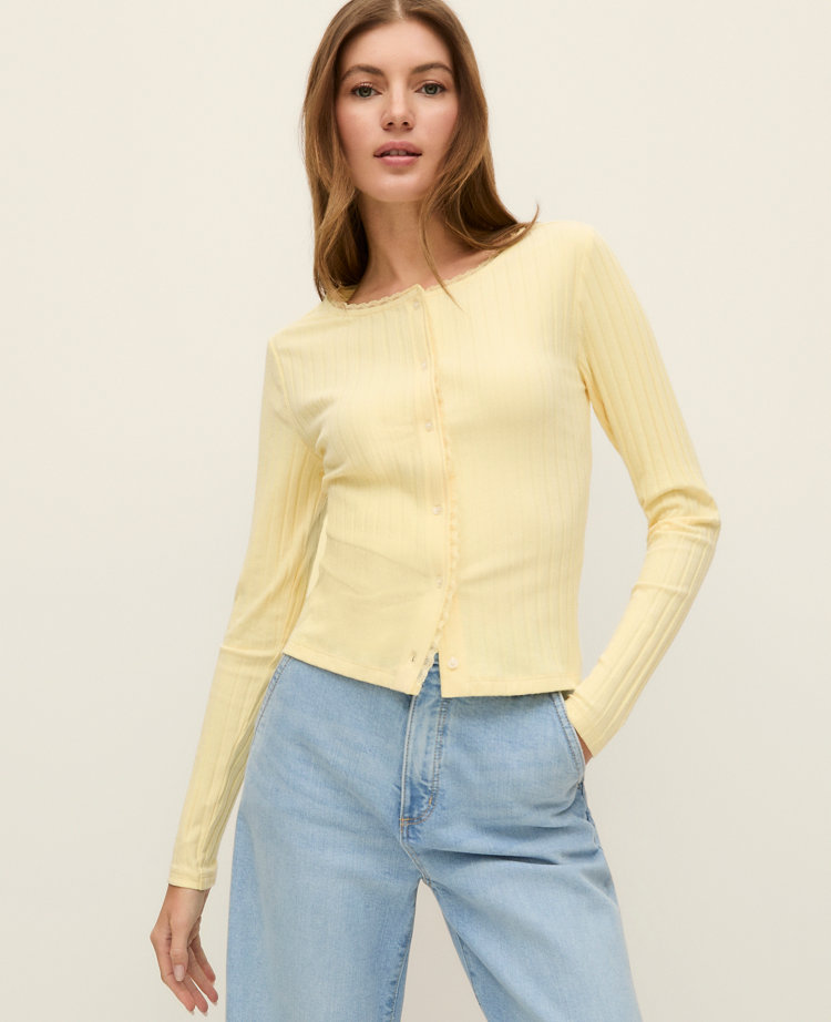 Ann Taylor Petite Weekend Collection Lace Trim Pointelle Cardigan Sun Soaked Women's