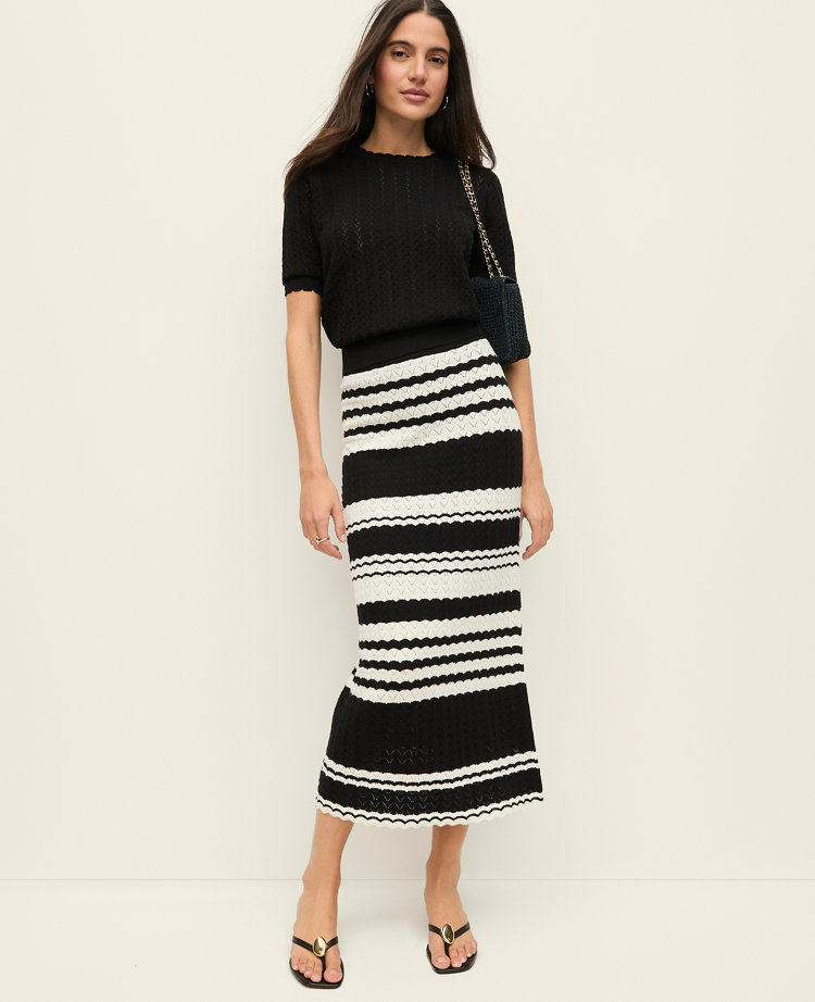 Ann Taylor Petite Striped Midi Sweater Skirt In Black