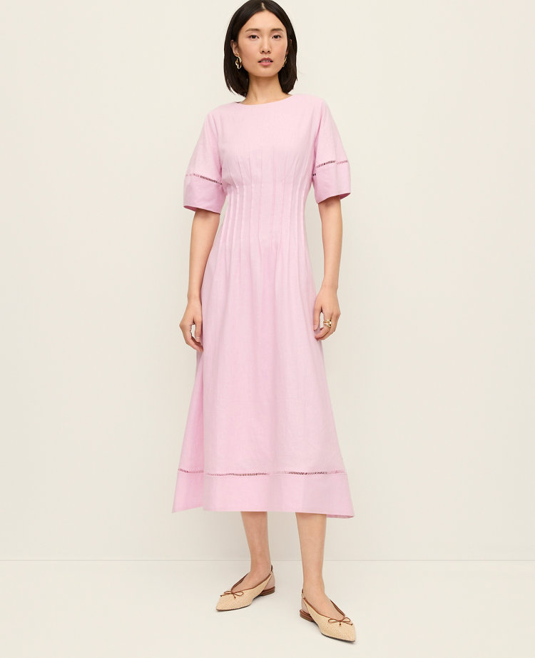 Pintuck Linen Blend Midi Dress