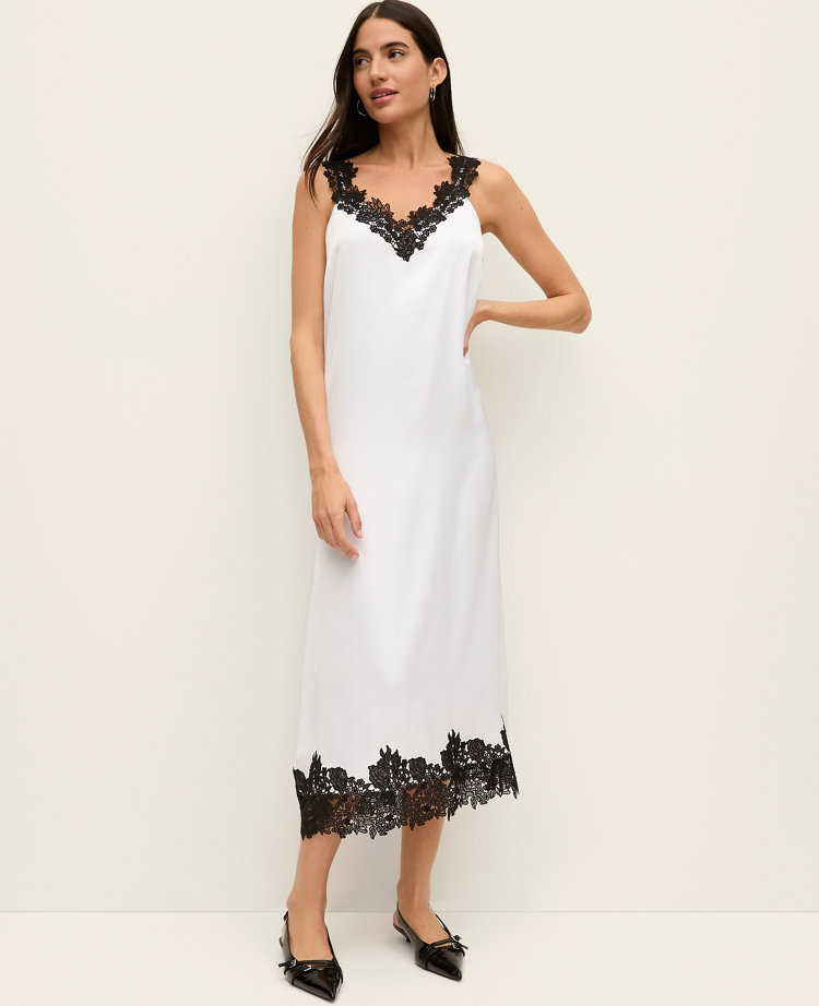 Petite Lace Trim Satin Slip Midi Dress