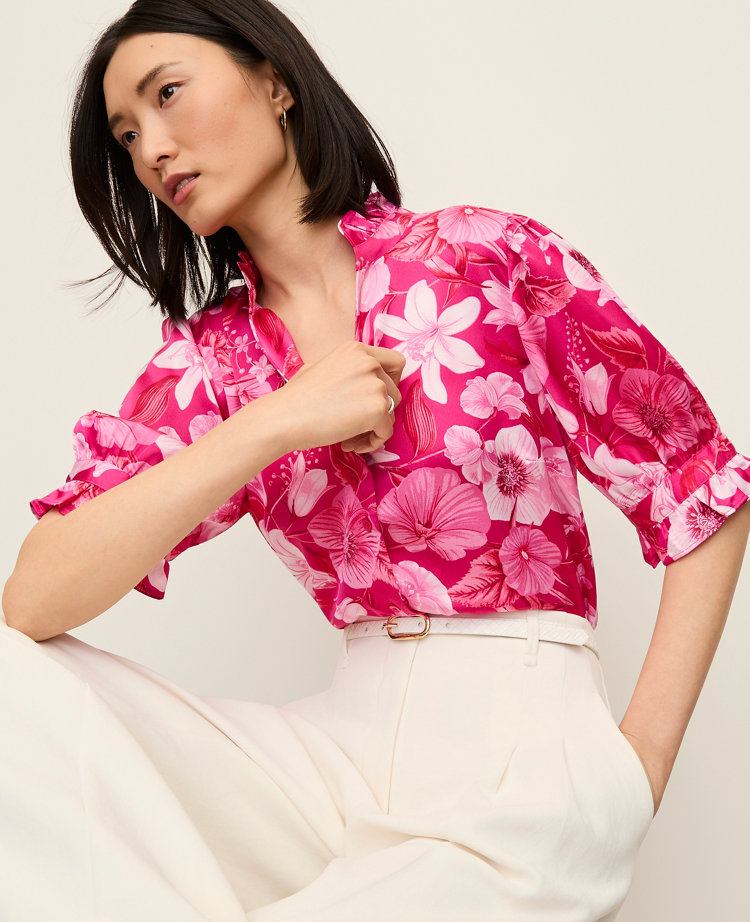 Ann Taylor Floral Ruffle Collar Blouse Bougainvillea Women's