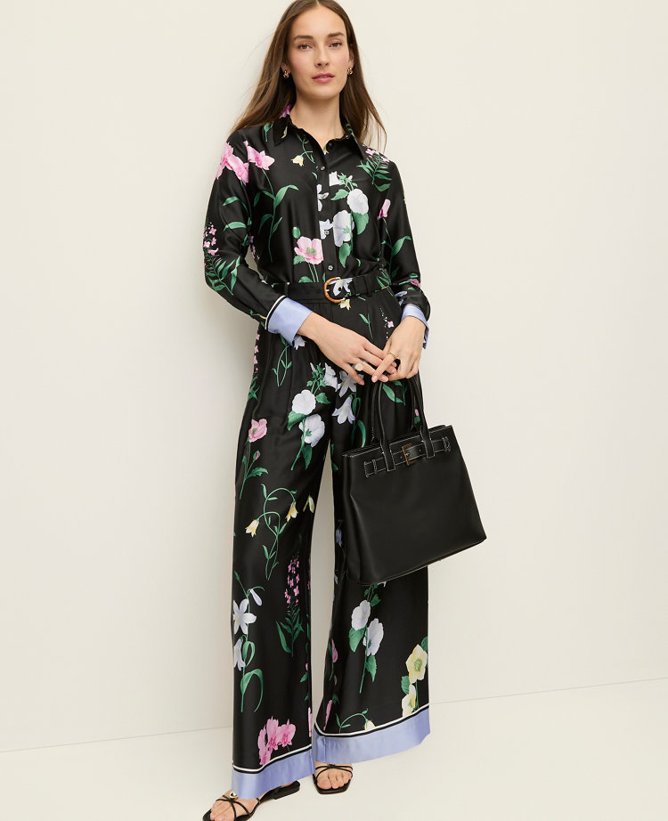 The Petite Floral Pleated Wide Leg Pant in Satin
