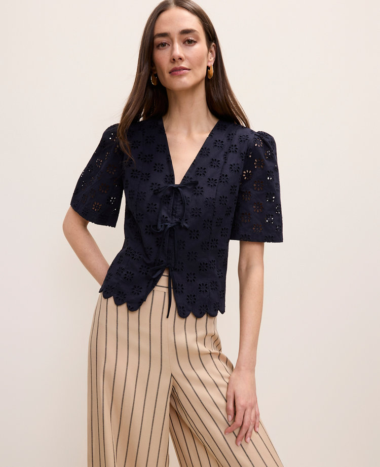 Eyelet Tie Front Blouse
