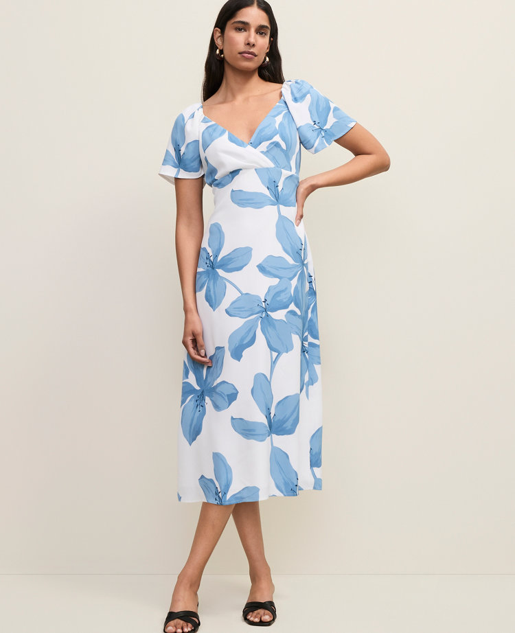 Petite Floral Shirred Flare Midi Dress