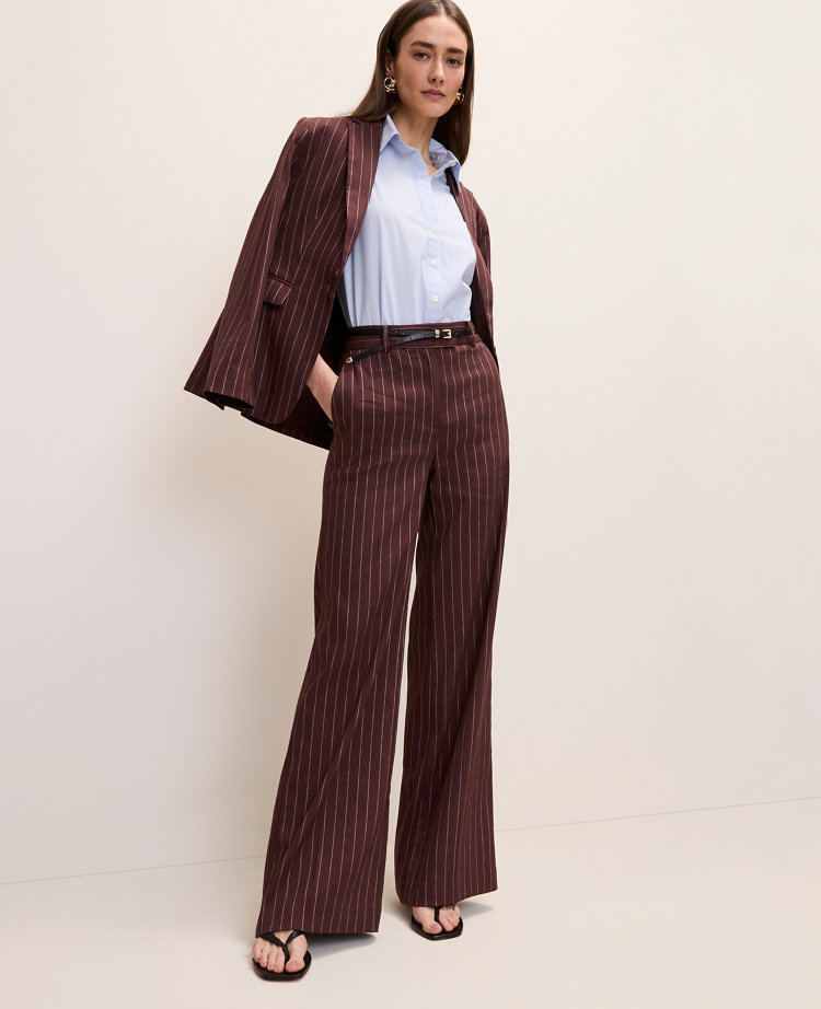 The Petite Pinstriped Wide-Leg Flare Trouser in Linen Blend