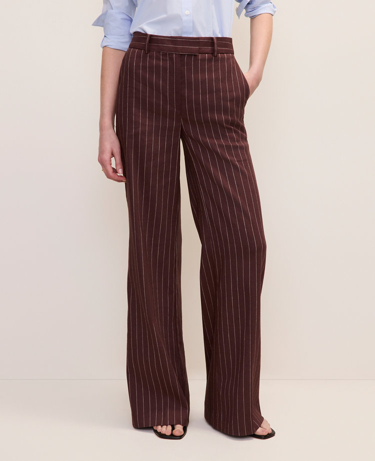 The Petite Pinstriped Wide-Leg Flare Trouser in Linen Blend