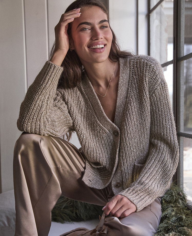 Ann Taylor Haven Well Within Lurex Blend Shaker Stitch Cardigan Dark Navy Women's