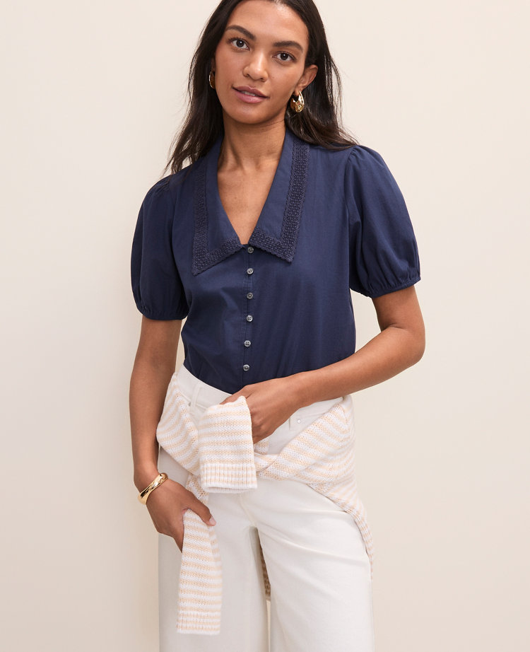 Ann Taylor Weekend Lace Trim Blouse Women's
