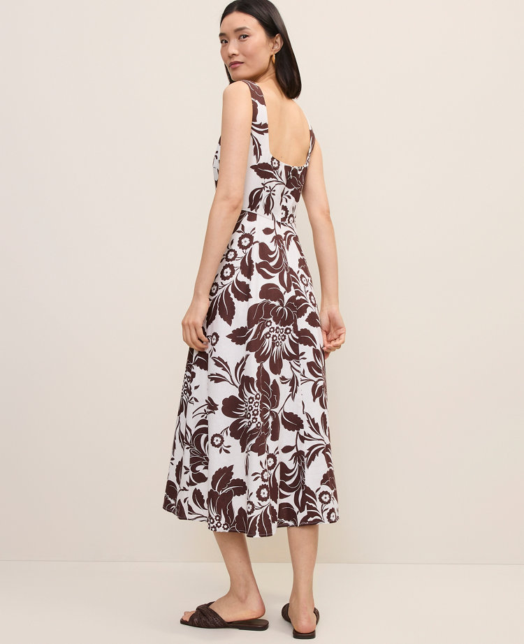 Petite Floral Linen Blend Flare Midi Dress