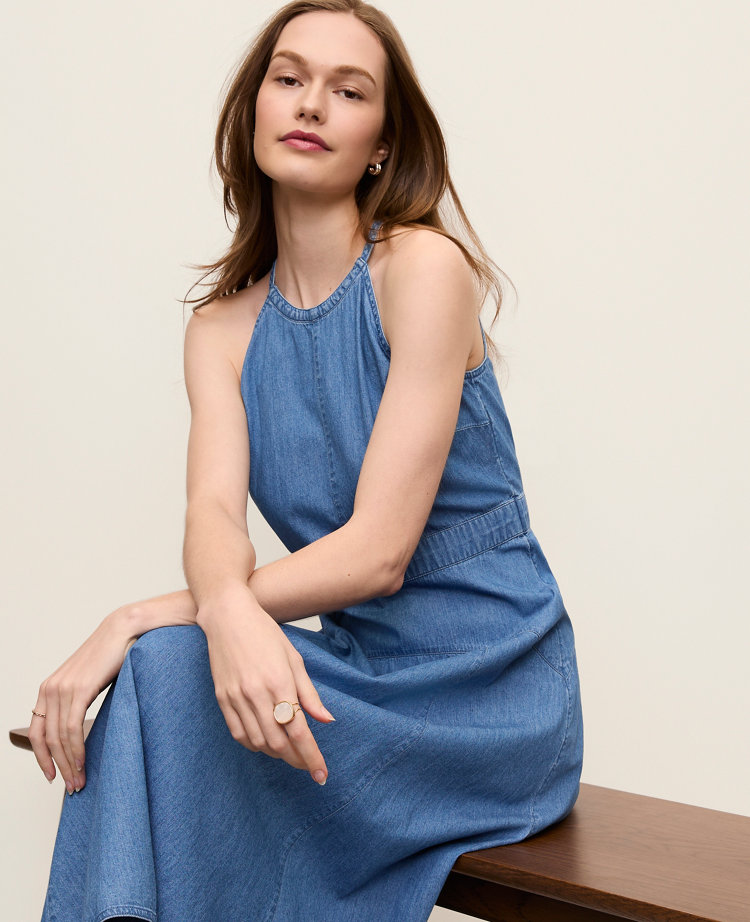 Petite Chambray Halter Flare Midi Dress