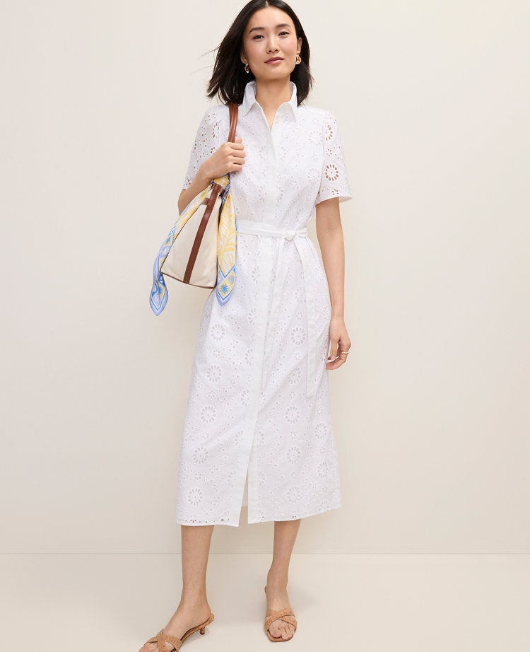Petite Eyelet Collared Midi Shirtdress