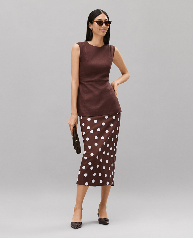 Polka Dot Midi Pencil Skirt in Linen Blend