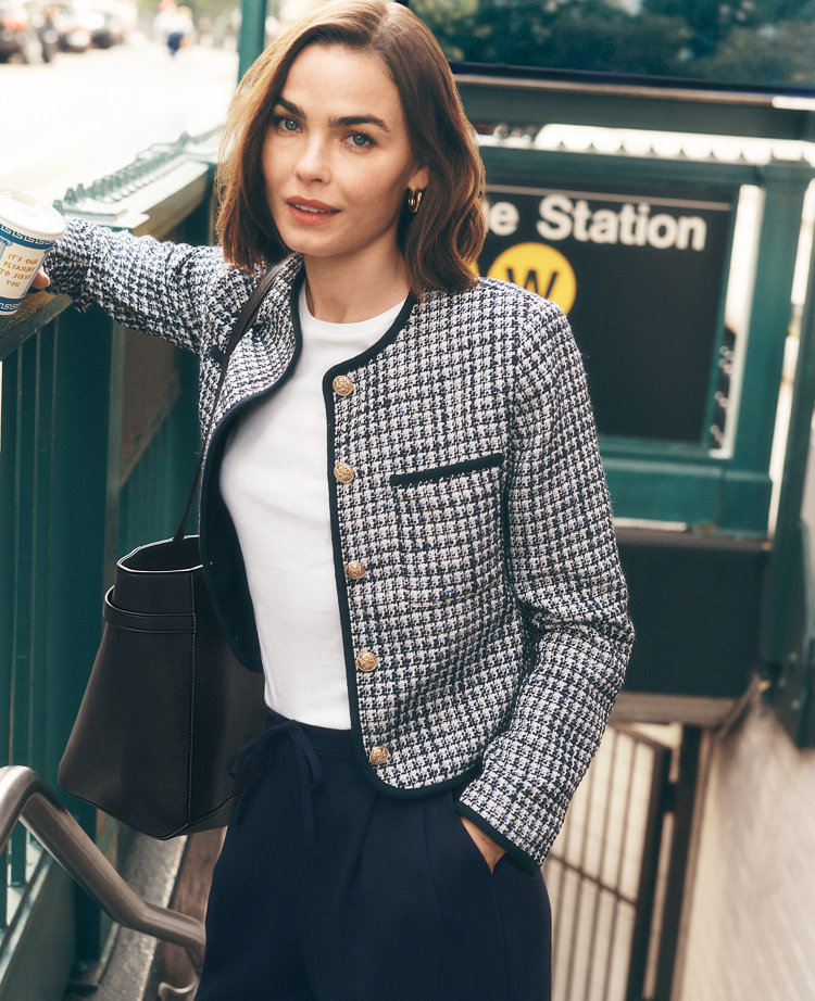 Ann Taylor Petite Weekend Collection Tweed Crew Neck Jacket Night Sky Women's