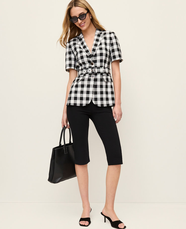 The Petite Belted Greenwich Blazer in Gingham Linen Blend