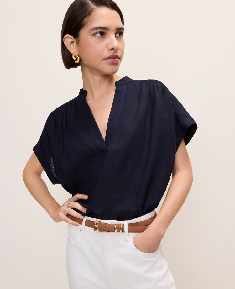 Petite Linen Blend Split Neck Blouse