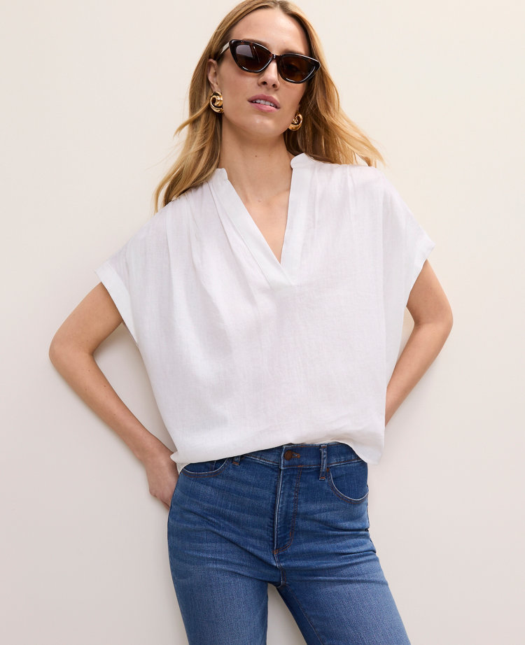 Petite Linen Blend Split Neck Blouse