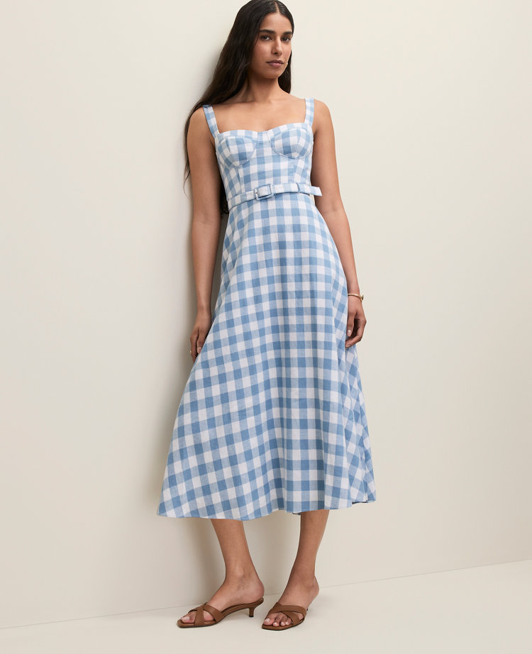 Petite Gingham Belted Linen Blend Midi Dress