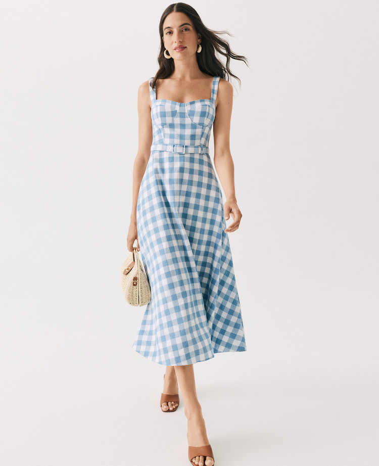 Petite Gingham Belted Linen Blend Midi Dress