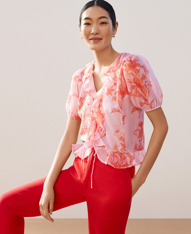 Petite Floral Ruffle Trim Blouse