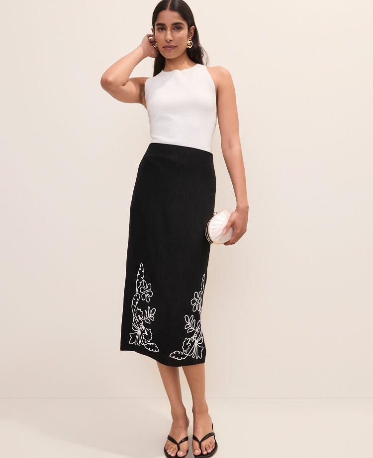 Embroidered Column Midi Skirt