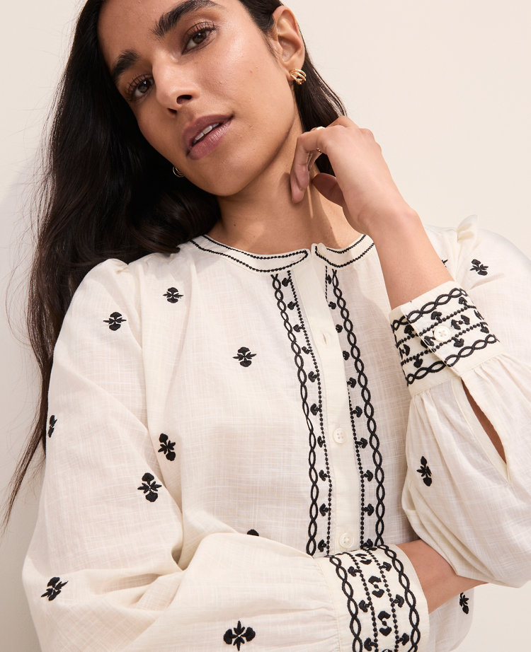 Embroidered Split Neck Blouse