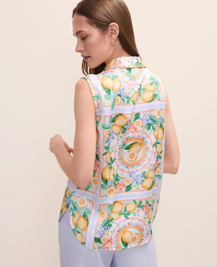 Lemon Print Shirred Yoke Sleeveless Shirt