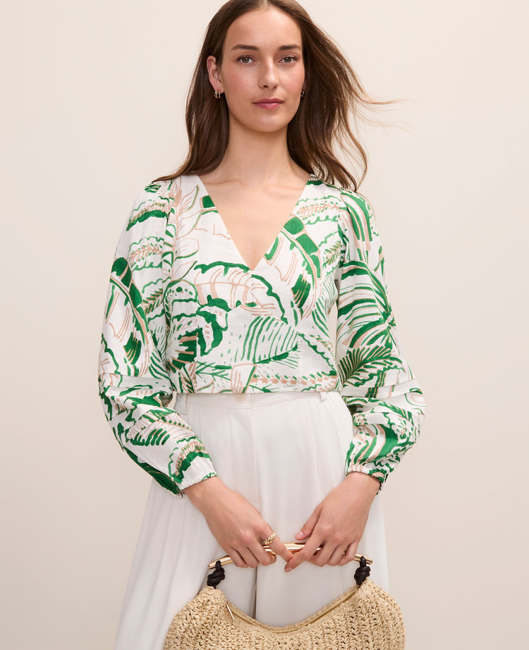 Ann Taylor Palm Print Embroidered V-neck Blouse In Green