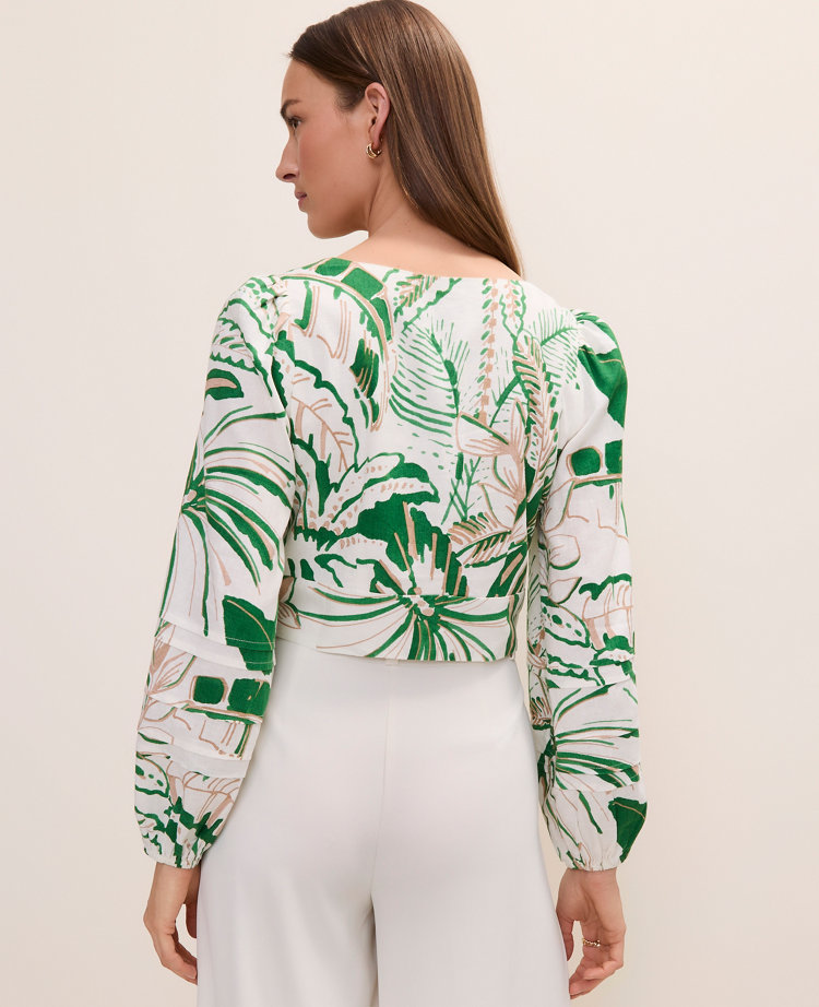 Palm Print Embroidered V-Neck Blouse in Linen Blend