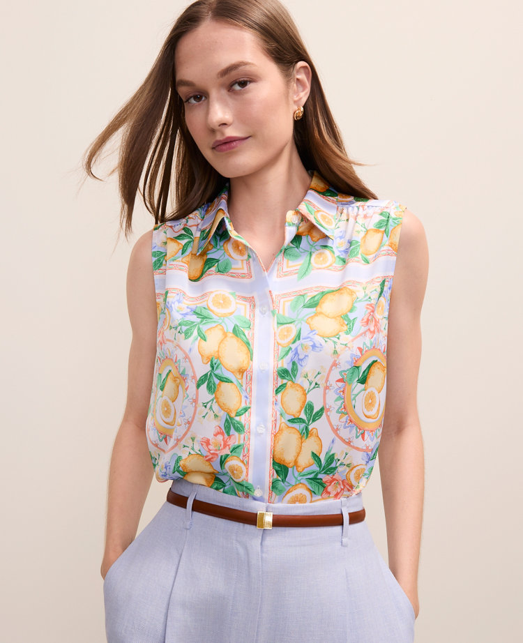 Petite Lemon Print Shirred Yoke Sleeveless Shirt