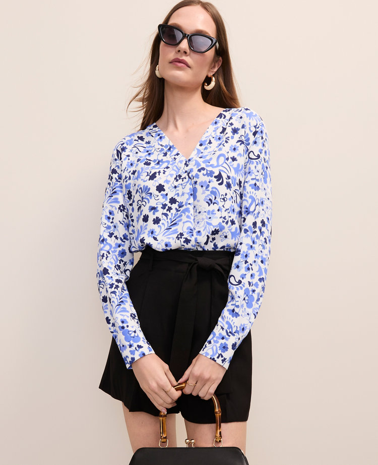 Floral Mixed Media Pleat Front Top