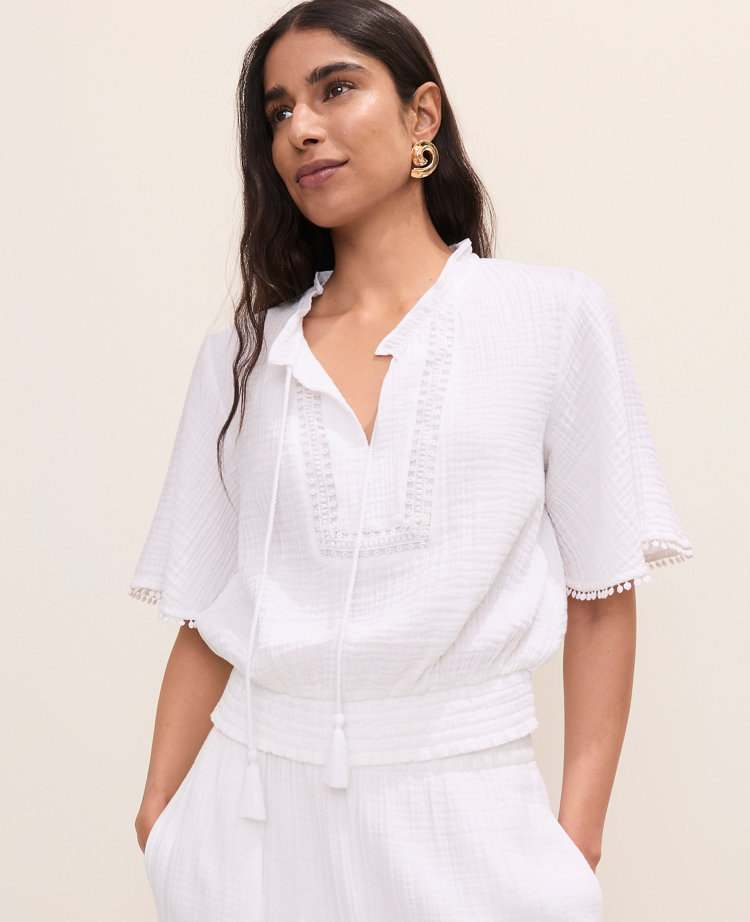 Petite Smocked Bobble Trim Blouse carousel Product Image 3