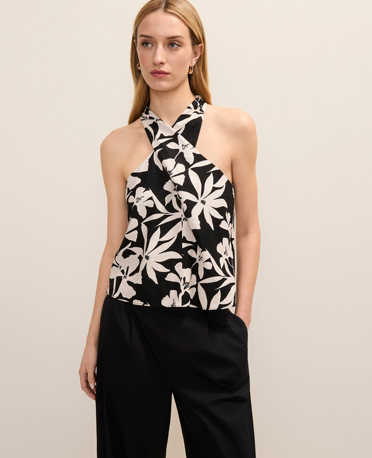 Floral Twist Halter Top in Linen Blend