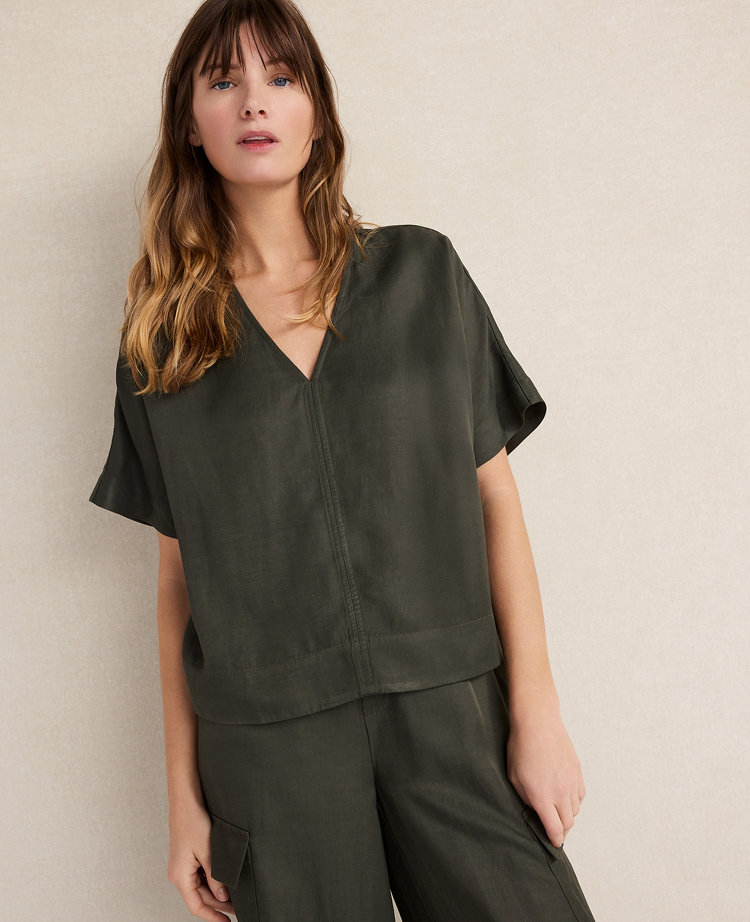 Ann Taylor Haven Well Within Viscose Linen V-Neck Top Deep Green Women's